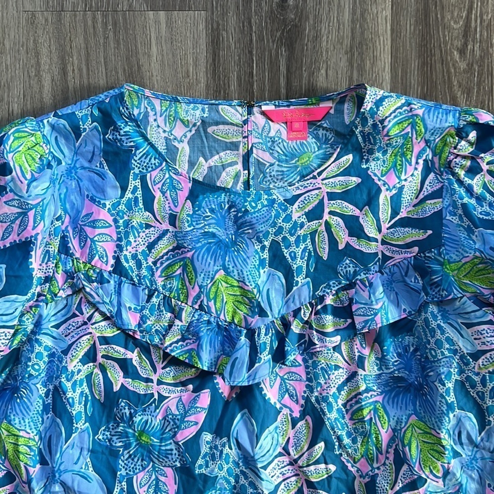 Lilly Pulitzer Blue Bell Sleeve Blouse XL Multicolor Ruffle Cotton Top Summer - Picture 8 of 11